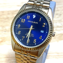 Milan Mens Gold Tone Fluted Bezel Blue Dial Analog Quartz Watch~Date~New Battery - £20.91 GBP