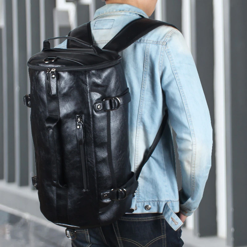  travel backpack pu leather casual large capacity laptop rucksack male hike bucket bags thumb200