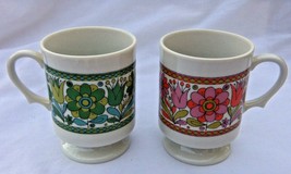 RETRO 2 COFFEE MUGS CUPS  70&#39;S STYLE FLOWERS  MADE IN JAPAN - $12.82