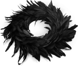 Natural Feathers Wreath 13.75&quot; In Black For Halloween Decorations, Spooky Scen - £7.44 GBP