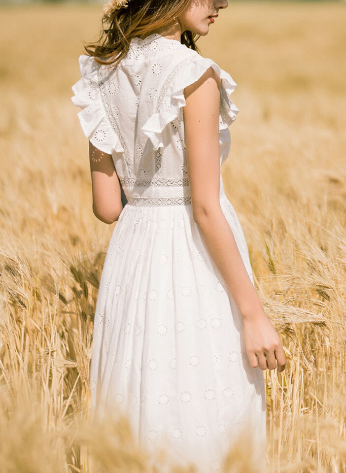 Women's Ruffle Cap Sleeve Trim Eyelet Embroidered 100% Cotton Dress in White AUS Item image 2