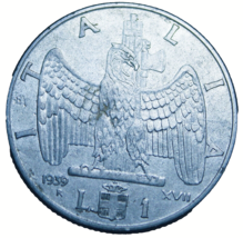 Italy Lira, 1939-R~Eagle With Wings Open~Free Shipping #A131 - $6.85