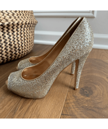 Badgley Mischka Humbie II Glitter Peep Toe Heel Gold Silver 9.5 - $112.50