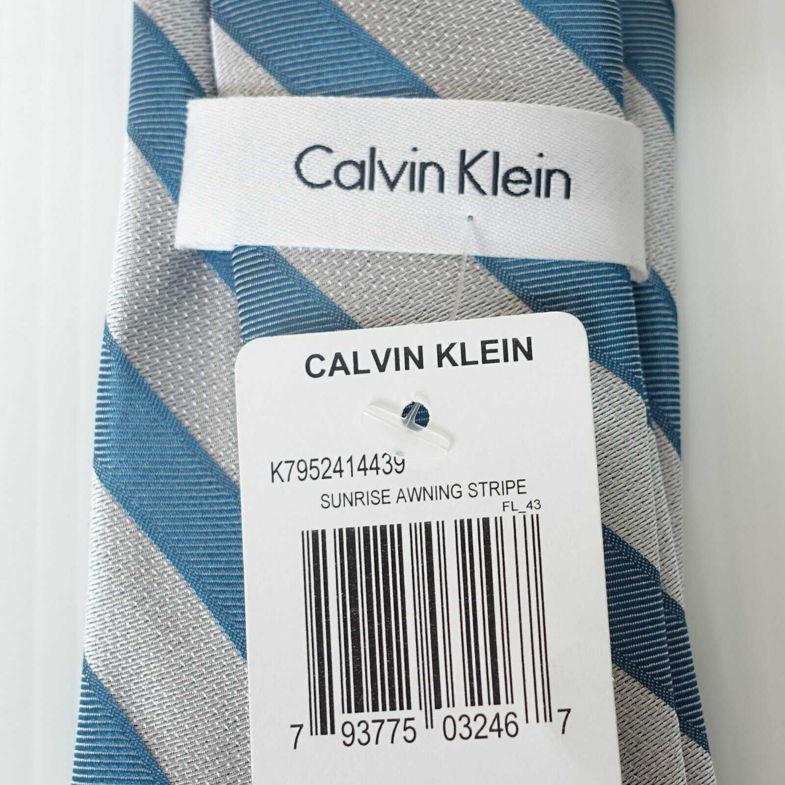 CALVIN KLEIN Blue Silver Gray Sunrise Awning Stripe Silk Slim Tie Item image 3