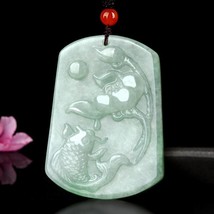 Fish and Lotus Flower Medal Detail Handcrafted Authentic Grade A Jade Pendant Ne - £40.63 GBP