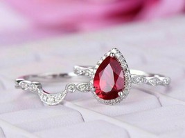 2CT Pear Cut Red Ruby Halo Diamond Wedding Bridal Ring Set 14k White Gold Over - £80.36 GBP