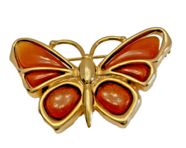 Brooch Butterfly Pin Orange Stone Gold Tone Costume Jewelry 2 Inches Long Vtg - £10.16 GBP