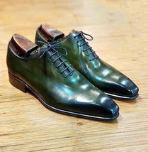 Handmade Men&#39;s Green Leather Burnished Chisel Toe Whole Cut Oxford Dress Shoes - £100.61 GBP+