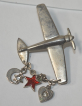 Vintage Airplane Tie Tac or Lapel Hat Pin w/Moon,Heart &amp; Star charms RARE&#39;&#39; - $39.55