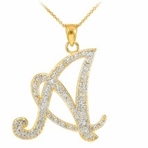 14k Solid Real Yellow Gold Diamonds Initial Script Letter A Pendant Necklace - £241.75 GBP+