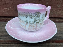 Antique Germany Christmas Old World Santa Claus Pink Lustre Cup Saucer Set Last - £22.16 GBP