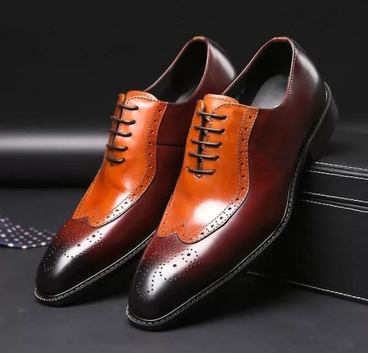Oxford Men Shoes Two Tone Brown Burnished Brogue Toe Premium Quality Leather