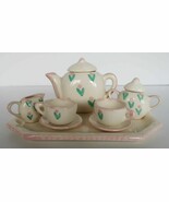 Vtg children&#39;s ceramic tea set teapot cups saucers tea tray sugar creame... - $34.17 CAD