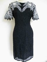 Vintage NOS 80s Beaded Silk Trophy Dress M Black White Cutout Back Sequin Flower - £55.94 GBP