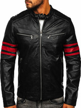 Men&#39;s Genuine Leather Biker Jacket Black-Red Slim fit BF59359 - $69.29+