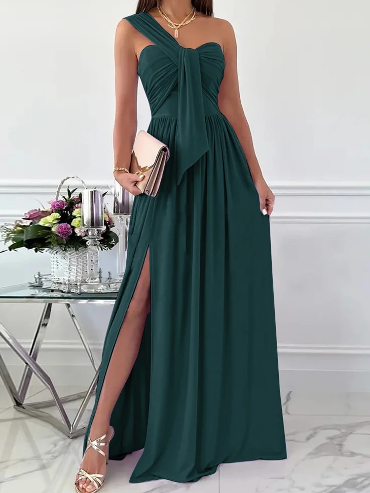 Summer High Slit Cutout Maxi Party Dress Elegant One  Solid Color Dress Asymmetr - $69.81