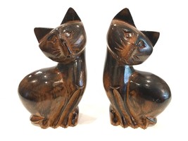 Wood Cats 7&quot; Wood Shelf Sitter Set of 2 Vintage Hand Carved  - £22.70 GBP