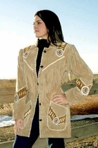 Women&#39;s American Beige Suede Western Cow-lady Coat Handmade Indian Beade... - £71.67 GBP+
