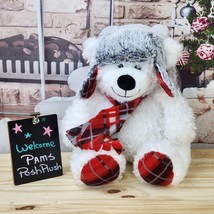 Gentle Treasures Winter Christmas Polar Bear White Plush Plaid Scarf Hat... - £14.60 GBP