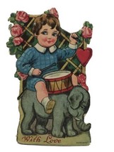 Vintage 1930s Valentine Card Die Cut Germany Boy Drums Elephant &quot;With Love&quot; - £7.36 GBP