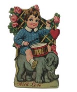 Vintage 1930s Valentine Card Die Cut Germany Boy Drums Elephant &quot;With Love&quot; - £7.59 GBP