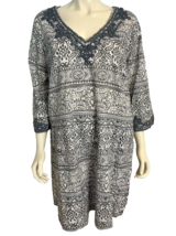 Lands&#39; End Gray and White Paisley V Neck Beaded 3/4 Slv Dress Size 2X - £25.39 GBP