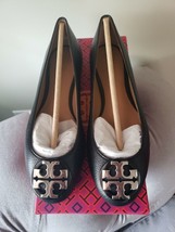 Tory Burch Claire Ballet Flats in Black Pebbled Leather Silver Logo, Sz ... - $173.24