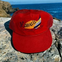 Vintage Hawaii Corduroy Baseball Cap Sail Boat Sunset Trucker Red Snap Back - $35.95