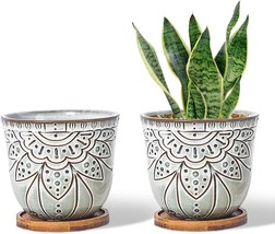 Retro Succulent Planter With Emboss Pattern Ceramic Garden Flower Pots Indoor - £31.16 GBP