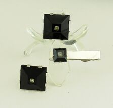 1970s SWANK Black Glass Rhinestone DECO Style ST Tie Clip Cuff Link Set - $40.95