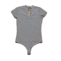 Rolla Coster Bodysuit Shirt Blouse ~ Sz L ~ Black &amp; White Stripes ~ Short Sleeve - £17.36 GBP