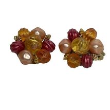 Vintage Cluster Beads Clip-On Earrings Hong Kong Peach Pink Retro - €18,02 EUR