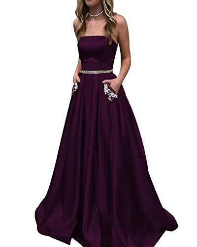 Kivary Beaded Belt Long Satin Formal Prom Evening Dresses with Pockets Dark Plum