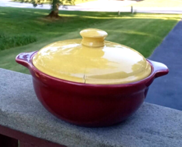 Cameron Clay Casserole Dish Bake Oven USA Maroon Bowl Yellow Lid Bean Pot AS IS - £31.22 GBP