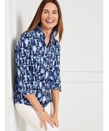 NWT Talbots Non-Iron Perfect Shirt 4p Button-Up Blue Navy Stretch Cotton Print - $30.00