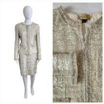 ST. JOHN Knit Cream Gold Silver Fringed Trim Shimmer Jacket &amp; Skirt Suit... - $579.15