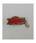 Railroad Red Caboose with pink awareness ribbon Lapel hat pin - $5.45