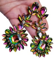 Rhinestone Pierced Earrings, Oversized Chandelier Earrings, Colorful Drop Pagean - £35.15 GBP