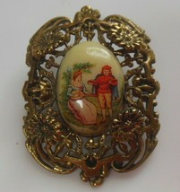 Vintage Victorian Hand Painted Courting Couple Filigree Frame Brooch - £35.27 GBP