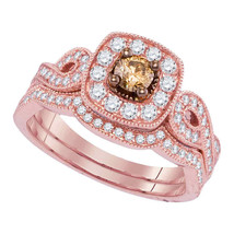 14kt Rose Gold Round Cognac-brown Diamond Bridal Wedding Engagement Ring Set 3/4 - £1,044.75 GBP