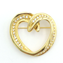 RHINESTONE-studded openwork heart brooch - 1.5&quot; shiny gold-tone clear st... - $18.00