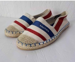 Nautica Women 9.5 M Beige Espadrilles Flat Shoes Red Blue Stripes Canvas Savi - £19.57 GBP