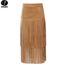 Denim style imitation suede heavy industry tassel mid-length skirt - $56.99