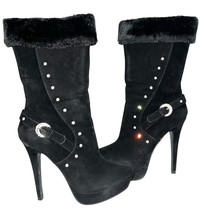 Wild Rose Dion Black Faux Fur Suede Rhinestone Stiletto Boots Size 7.5 B... - $411.19 MXN