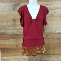 Dereon Blouse Women&#39;s Size S Burgundy Metallic Gold Accents TO20 - $7.91