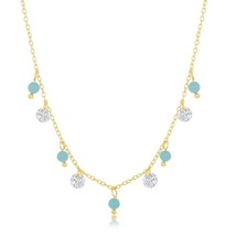 Alternating Created Turquoise and CZ Necklace - Gold Plated - £36.45 GBP