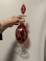 Vintage Bohemian Cranberry Etched Decanter w/Gold Accents By Zodax Egypt... - $34.00