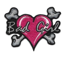 Bad Girl Iron On Patch 3&quot; Pink Heart Crossbones Biker Embroidered Applique New - £3.87 GBP