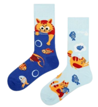 Cute Cat Fishing Crew Socks Orange Kitty Fishbowl Blue Unisex Novelty Mi... - £7.06 GBP