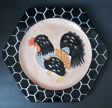 Black &amp; White Hand Painted with Rooster Design 10.5&quot; Hexagon Ceramic Plate  - £11.70 GBP